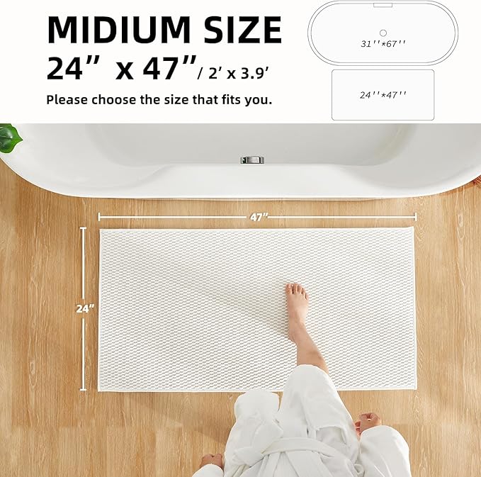 TYUU Bathroom Rugs Non Slip Washable, Super Absorbent Thin Bath Mat Quick Dry Low Pile Bathroom Rug, White 24"x47"
