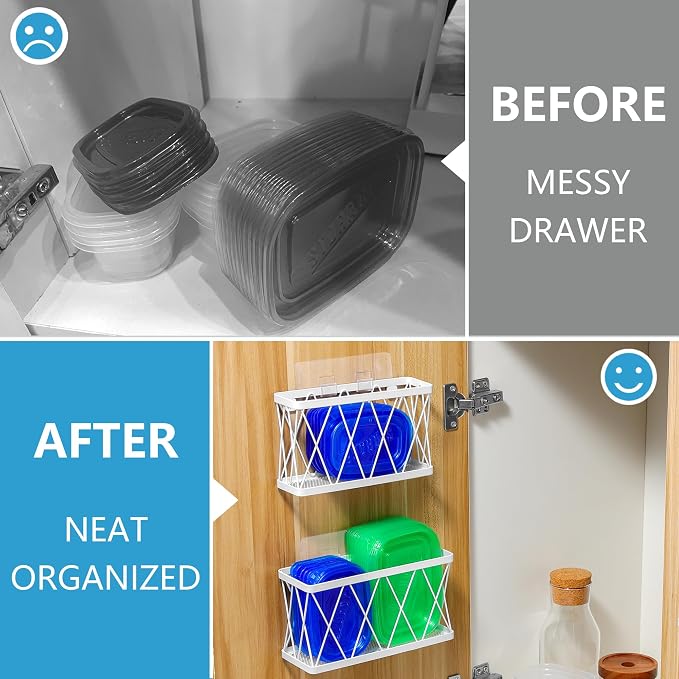 YIGII 3 Pack Adhesive Cabinet Door Organizer - Lid Storage Organizer for Tupperware, Wall Mounted Pantry Door Organizer Kitchen RV Storage Wall Under Sink Basket Slim Space, White Stainless Steel
