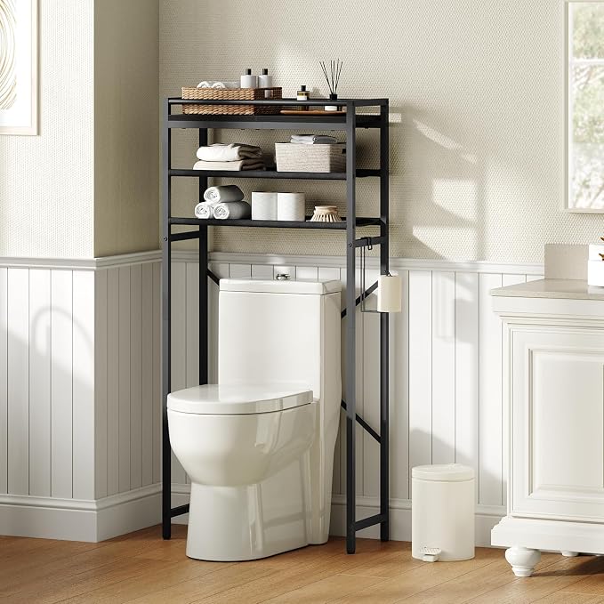 MAHANCRIS Over Toilet Storage, 3-Tier Bathroom Organizer Shelf with Toilet Paper Holder, Freestanding Space Saver Bathroom Shelves Above Toilet for Bathroom, Laundry Room, Black TSBK1201