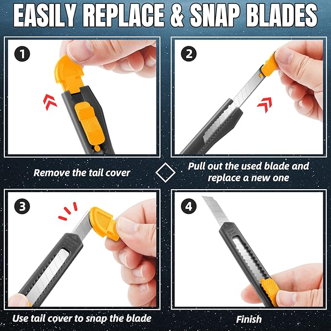 4 Pack Box Cutter Retractable, Utility Knife 9MM Wide Snap-Off Blades, Exacto Knife for Cutting Box, Wrapping, Cardboard, Extended Razor Knife, Box Opener Perfect for Office, Home, School