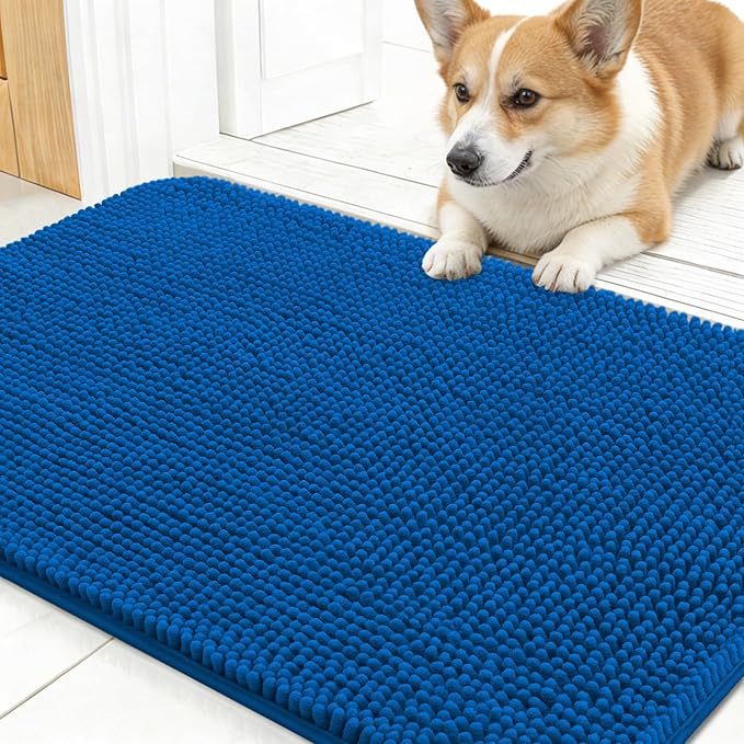 OLANLY Dog Door Mat for Muddy Paws 24x16, Absorbs Moisture and Dirt, Absorbent Non-Slip Washable Doormat, Quick Dry Chenille Mud Mat, Entry Indoor Entryway Carpet for Inside Floor, Deep Navy Blue