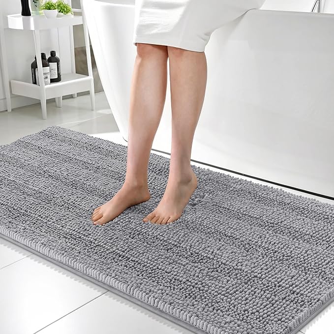 OLANLY Thick Bathroom Runner Rugs 59x24, Absorbent Chenille Striped Bath Rugs, Rubber Backing, Machine Wash Dry, Extra Long Bath Mats for Bathroom Floor, Tub and Shower, Home Decor Accessories, Grey