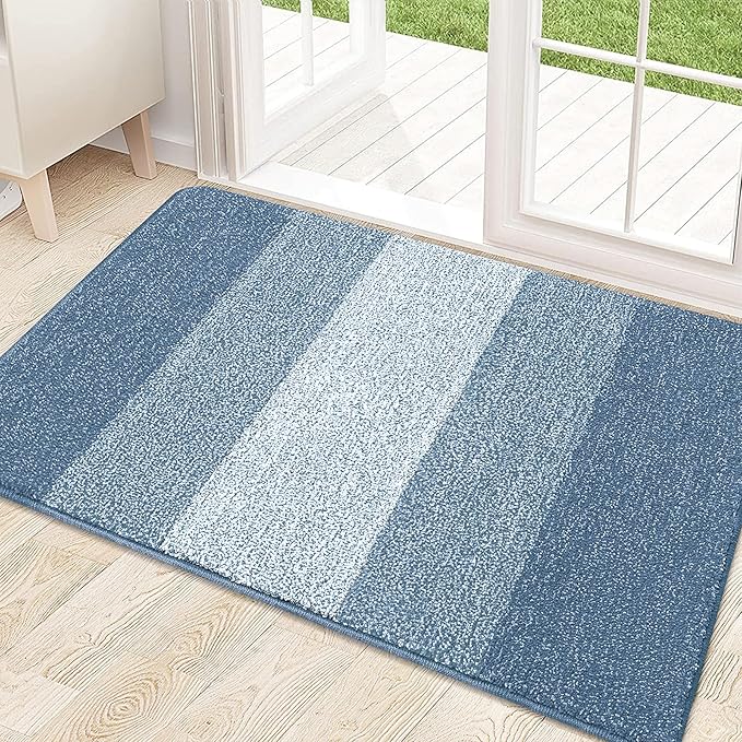 Kitinjoy Indoor Outdoor Door Mat, 32x20 Non-Slip Absorbent Dirt Trapper, Low-Profile Washable Inside Entrance Front Floor Mat, Sturdy Soft Entry Doormats for Entryway, Light Blue