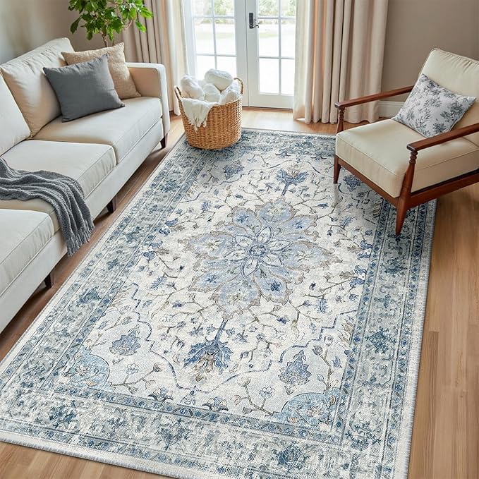 RELEANY Area Rugs 6'x8' Washable Non-Slip, Floral Vintage Distress Medallion Carpet for Living Room Bedroom Dining Room, Light Blue Navy Gray White