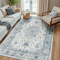 RELEANY Area Rugs 6'x8' Washable Non-Slip, Floral Vintage Distress Medallion Carpet for Living Room Bedroom Dining Room, Light Blue Navy Gray White
