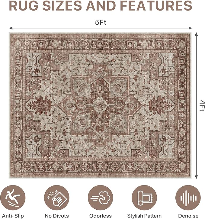 48"x60" Office Chair Mat for Hardwood Tile Floor, Under Desk Carpet Protector for Rolling Computer Chair Mat, Machine Washable Area Rug, Anti-Slip 1/5" Thick Low Pile Thin Vinyl Floor Mat, Brown Red