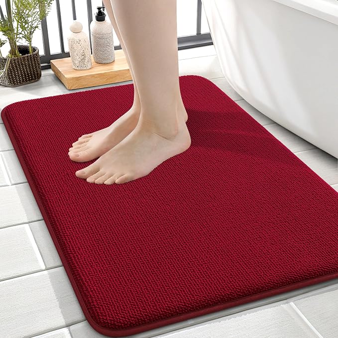 OLANLY Thick Memory Foam Small Bathroom Rugs 24x16, Extra Soft Absorbent Bathroom Mat, Quick Dry Bath Mats, Non-Slip, Machine Washable Carpet for Bathroom, Tub and Shower, Home Decor Accessories, Red