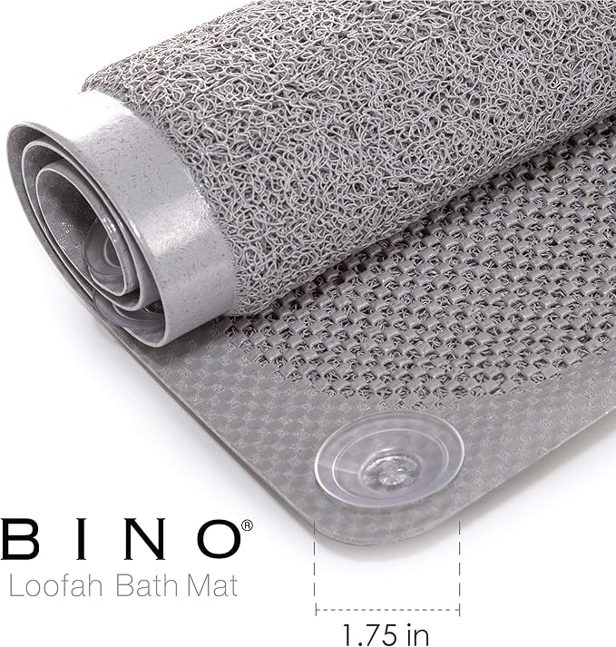 BINO | Loofah Non-Slip Bath Mat for Tub - Light Grey | Spa-Inspired Comfort, Quick-Drying, Secure Suction Cups | Exfoliating Shower Mat for a Luxurious and Safe Bathing Experience