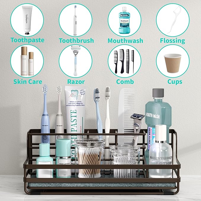 HapiRm Toothbrush Holders for Bathroom - 5 Partitions Bathroom Counter Organizer with Instant Drying Stone, Stainless Steel Countertop Storage Electric Toothbrush Toothpaste Holder - Bronze