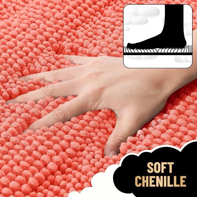 OLANLY Thick Bathroom Runner Rugs 59x20, Absorbent Chenille Striped Bath Rugs, Rubber Backing, Machine Wash Dry, Extra Long Bath Mats for Bathroom Floor, Tub and Shower, Home Decor Accessories, Coral