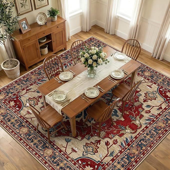 RELEANY Area Rugs Square 10ft Washable Non-Slip, Floral Vintage Distress Medallion Carpet for Living Room Bedroom Dining Room, Red Blue
