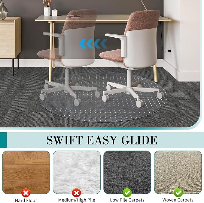 BesWin Office Chair Mat for Carpet, 36'' x 36'' Round Clear Floor Mat for Low and No Pile Carpeted Floors, Thick and Sturdy Carpet Protector for Work, Home, Gaming, Easy Glide Flat Without Curling