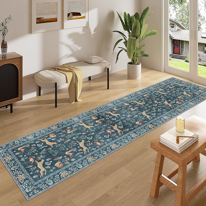 DUKINO Runner Rug, 2x8 Washable Kitchen Rugs for Hallways with Non Slip Backing, Soft Low Pile Vintage Animal Runner for Kitchen, Hallway, Entryway, Laundry, Bedroom, Blue