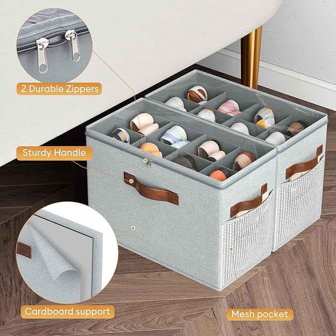 Budding Joy 2 Pack Shoe Organizer for Closet, Clear Foldable Shoe Storage Containers Adjustable Dividers Fits 16 Pairs,Shoe Storage Bins Baskets Boxes with Reinforced Handles Light grey