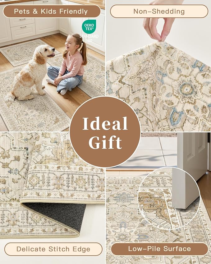 Madane 2-Piece Kitchen Runner Rug Set, Small Area Rug Non-Slip Vintage Door Mat Indoor Entrance, Low Pile Floor Carpet for Inside Front Door Bedroom Entryway Entry Laundry (2x3+2x4, Beige/Blue)