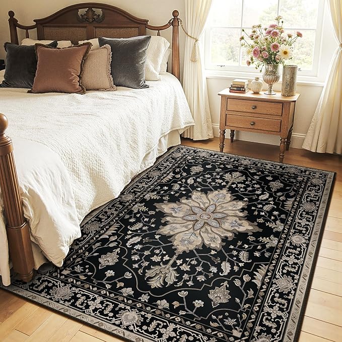 RELEANY Area Rugs 4'x6' Washable Non-Slip, Floral Vintage Distress Medallion Carpet for Living Room Bedroom Dining Room, Black Brown Neutral Dark Tan