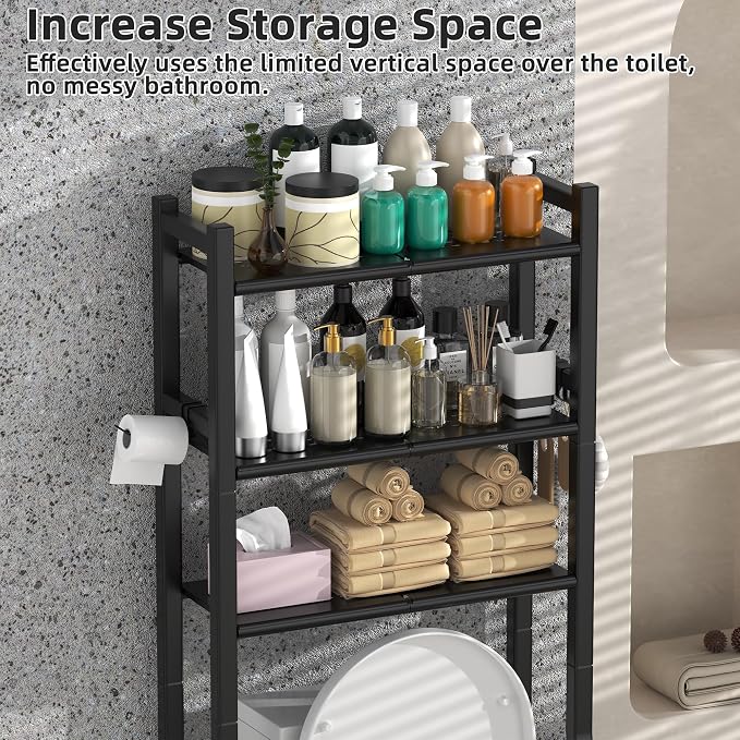 Livilord 3 Tier Over The Toilet Storage Rack with Toilet Paper Holder, Metal Freestanding Bathroom Shelves with 4 Hooks, Over Toilet Storage Shelf for Bathroom Storage, Black