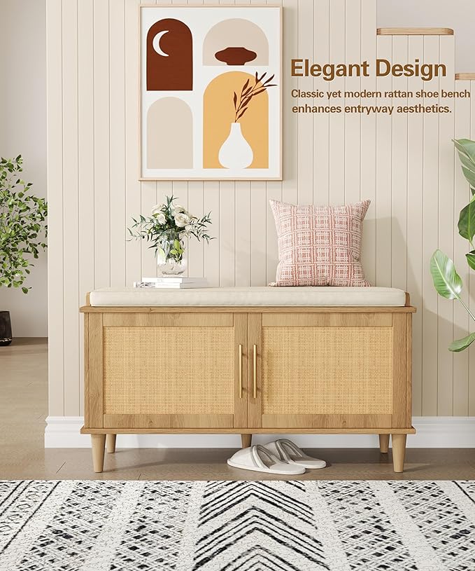 Akxomel Rattan Shoe Storage Bench with Cushion, 2-Tier Entryway Bench with Adjustable Shelves and 2 Doors, 15" D x 39.4" W x 20" H, Solid Wood Legs, for Hallway, Living Room, Bedroom, Natural Oak