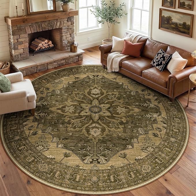 RELEANY Area Rugs Round 8ft Washable Non-Slip, Floral Vintage Distress Medallion Carpet for Living Room Bedroom Dining Room, Brown Dark Brown