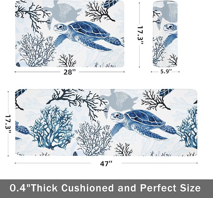 Coastal Beach Kitchen Floor Mat Rugs Nautical Decorative Coral Sea Turtle Kitchen Rugs Anti Fatigue Mats Non-Slip Comfort Standing Cushioned for Kitchen 17.3" 28" + 17.3" x 47" Set 2 Pcs Navy Blue