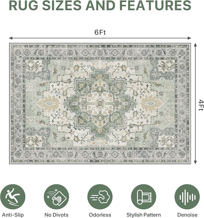 48"x72" Office Chair Mat for Hardwood Tile Floor, Under Desk Carpet Protector for Rolling Computer Chair Mat, Machine Washable Area Rug, Anti-Slip 1/5" Thick Low Pile Thin Vinyl Floor Mat, Green