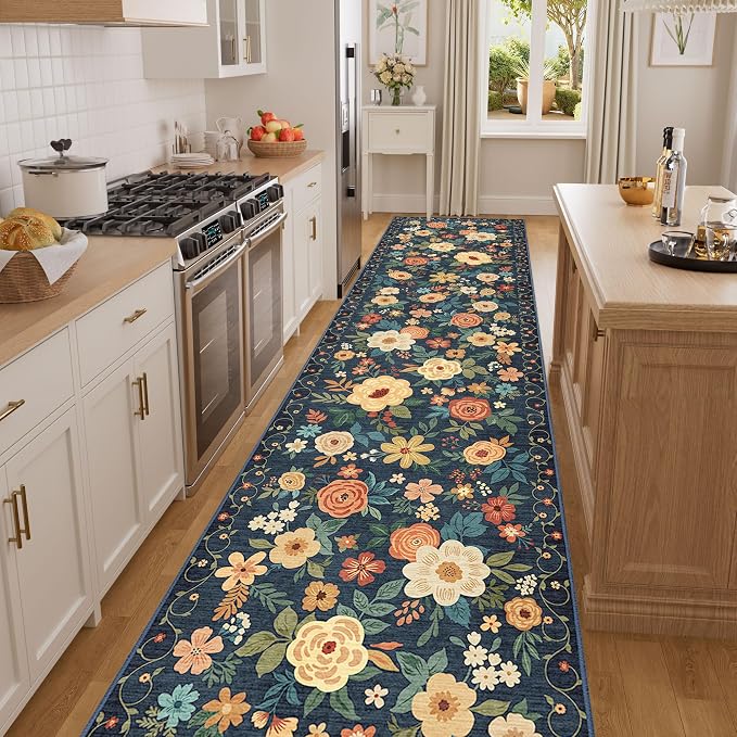 DUKINO 3x12 Washable Runner Rug, Non Slip Soft Floral Hallway Runner Rug with Non Shedding Design, Low Pile Loog Floor Carpet for Kitchen, Hallway, Bathroom, Entryway, Laundry, Navy Blue