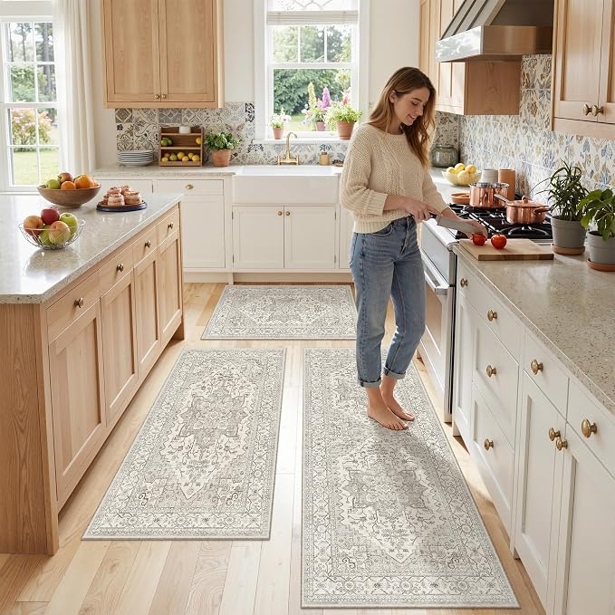 Madane Washable Kitchen Rug Set of 3, Small Area Rug Non-Slip Vintage Entryway Door Mat Indoor Entrance, Low Pile Floor Carpet Runner for Inside Front Door Entry Laundry (2x3+2x4+2x5, Beige/Brown)