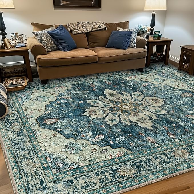 RELEANY Area Rugs 6'x9' Washable Non-Slip, Floral Vintage Distress Medallion Carpet for Living Room Bedroom Dining Room, Dark Blue Vintage