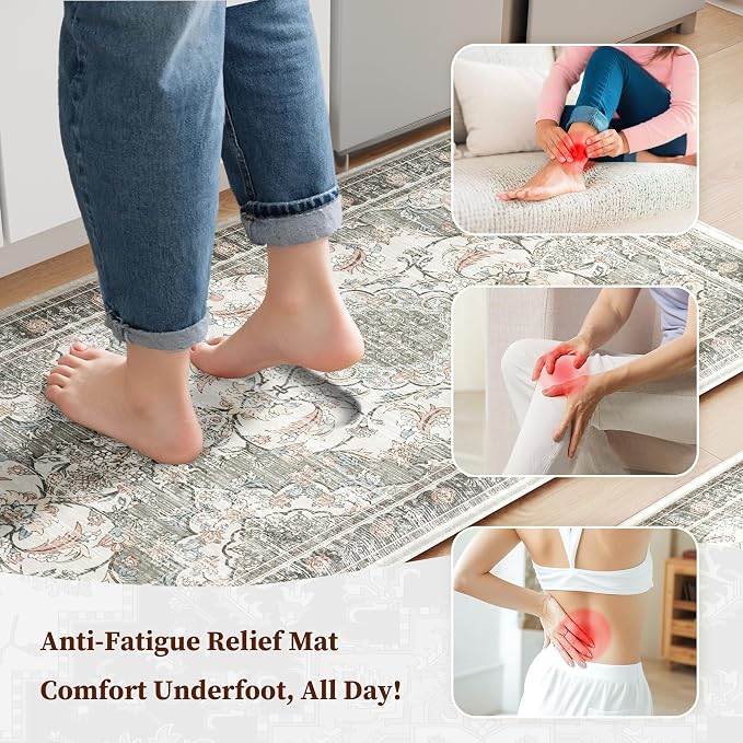 Boho Kitchen Mats for Floor 2 Piece Set Anti Fatigue Cushioned PVC Kitchen Rugs Non Slip Waterproof Farmhouse Mats 2/5 Inch Comfort Standing Mat for Sink, Laundry, 17.3"x59"+17.3"x28", Beige Grey