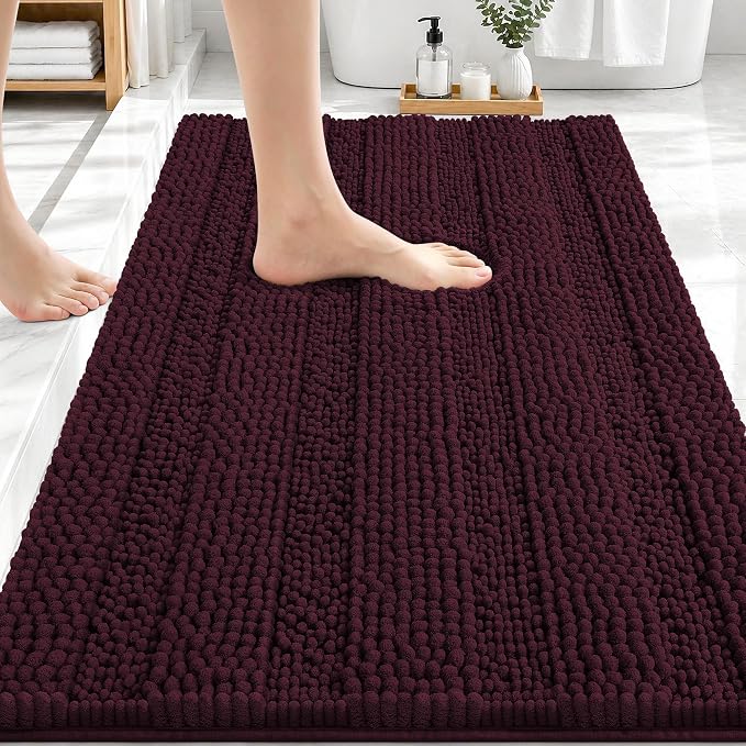 OLANLY Thick Bathroom Rugs 30x20, Extra Soft Absorbent Chenille Striped Bath Rugs, Rubber Backing, Machine Wash Dry, Bath Mats for Bathroom Floor, Tub and Shower, Home Decor Accessories, Black Cherry