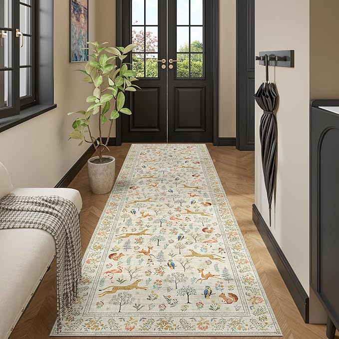 DUKINO 3x10 Washable Runner Rug for Hallway, Lightweight Long Kitchen Rug with Low Pile Design, Vintage Animal Non Shedding Thin Indoor Carpet for Entryway, Bathroom, Bedroom, Laundry Room, Beige