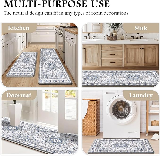 Boho Kitchen Mats for Floor 2 Piece Set Anti Fatigue Cushioned PVC Kitchen Rugs Non Slip Waterproof Farmhouse Mats 2/5 Inch Comfort Standing Mat for Sink, Laundry, 17.3"x59"+17.3"x28", Blue Grey