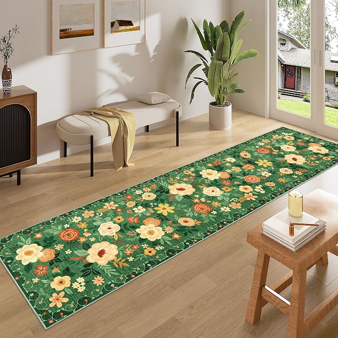 DUKINO 2x8 Runner Rug for Hallway, Washable Kitchen Runner Rug with Rubber Backing Non Slip, Low Pile Soft Boho Floral Thin Carpet for Entryway, Hallway, Bathroom, Laundry Room, Dark Green