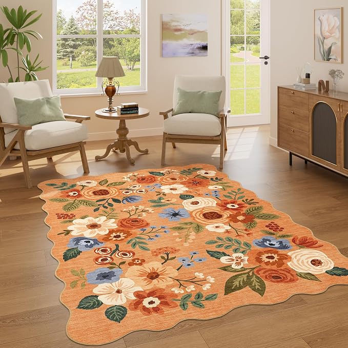 DUKINO 4x6 Area Rug, Floral Non-Slip Indoor Washable Rug with Low Pile & Non-Shedding, Lightwight Boho Design Carpet for Entryway, Bedroom, Kids Room, Living Room, Kitchen, Orange