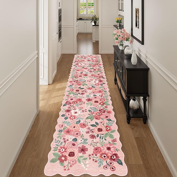 DUKINO Washable 2.6x12 Runner Rug for Hallway, Non Slip Floral Washable Kitchen Rug with Low Pile Design, Boho Stain Resistant Floor Carpet Runner for Entryway, Bathroom, Laundry, Bedroom, Pink