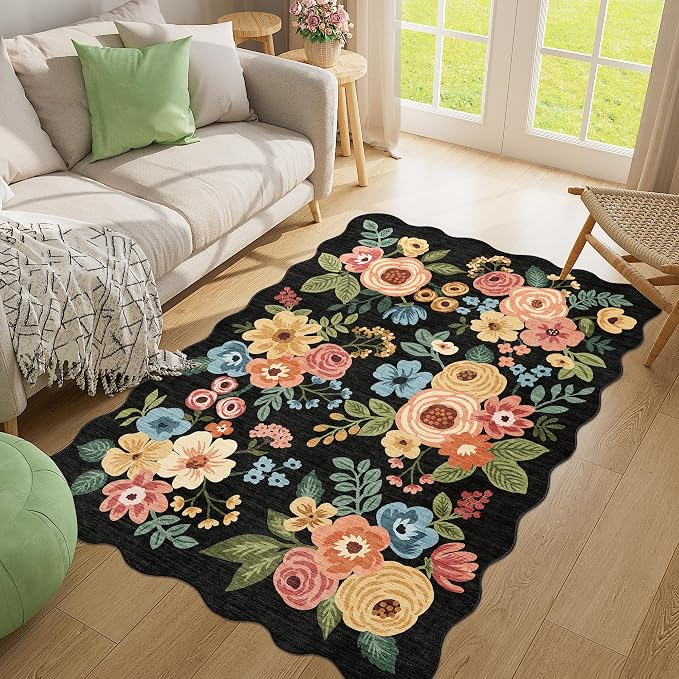 DUKINO 4x6 Area Rug, Floral Non-Slip Indoor Washable Rug with Low Pile & Non-Shedding, Lightwight Boho Design Carpet for Entryway, Bedroom, Kids Room, Living Room, Kitchen, Black