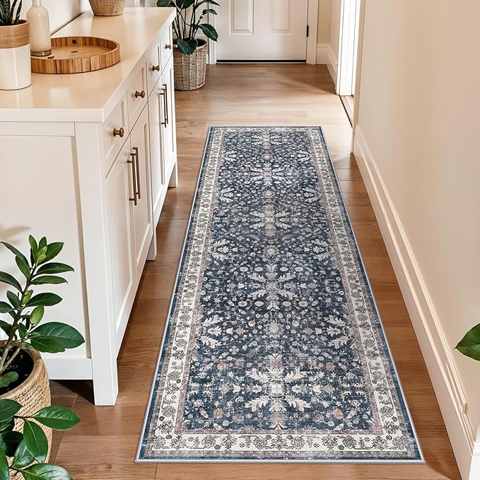 2x6ft Washable Hallway Carpet Runner – Non-Skid Floor Runner Rug for Kitchen Indoor Entryway Bedroom Bathroom Bedside – Boho Vintage Soft Low-Pile Area Rug (Blue,2x6)