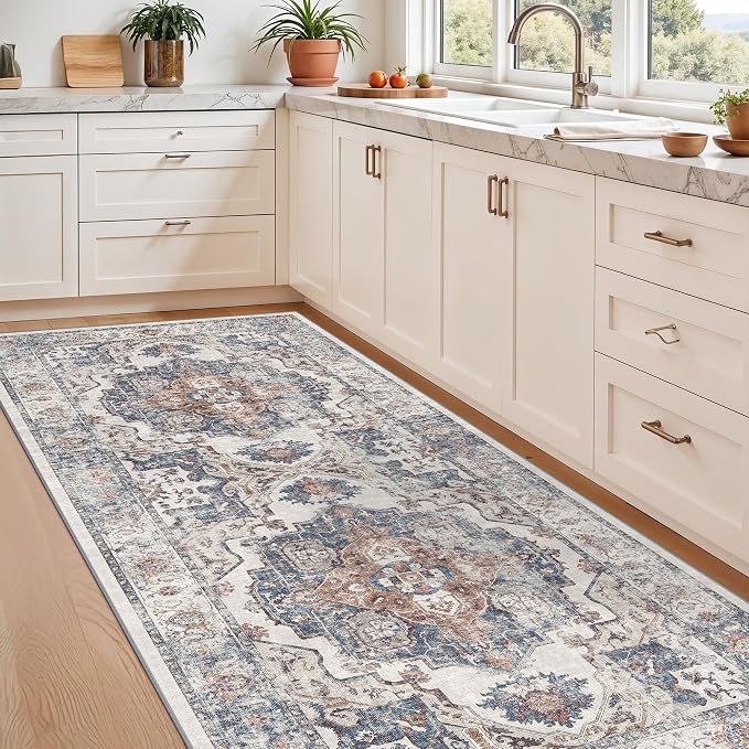 Washable 3x7 Hallway Runner Rug: Vintage 7ft Water-Resistant Soft Runner Rug for Entryway Kitchen Non-Slip Low Pile Carpet for Living Room Bedroom Thin Floor Mat for Bathroom Dining Room(3x7,Brick)