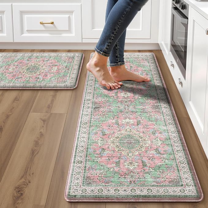 Boho Kitchen Mats for Floor 2 Piece Set Anti Fatigue Cushioned PVC Kitchen Rugs Non Slip Waterproof Farmhouse Mats 2/5 Inch Comfort Standing Mat for Sink, Laundry, 17.3"x47"+17.3"x28", Green Pink