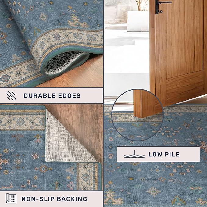 Washable 3x6 Throw Rug for Large Kitchen - Blue Rugs for Entryway Indoor, Bedroom Bedside, Mudroom, Boho Eclectic Modern Décor, Non Slip Low Pile Fade Resistant