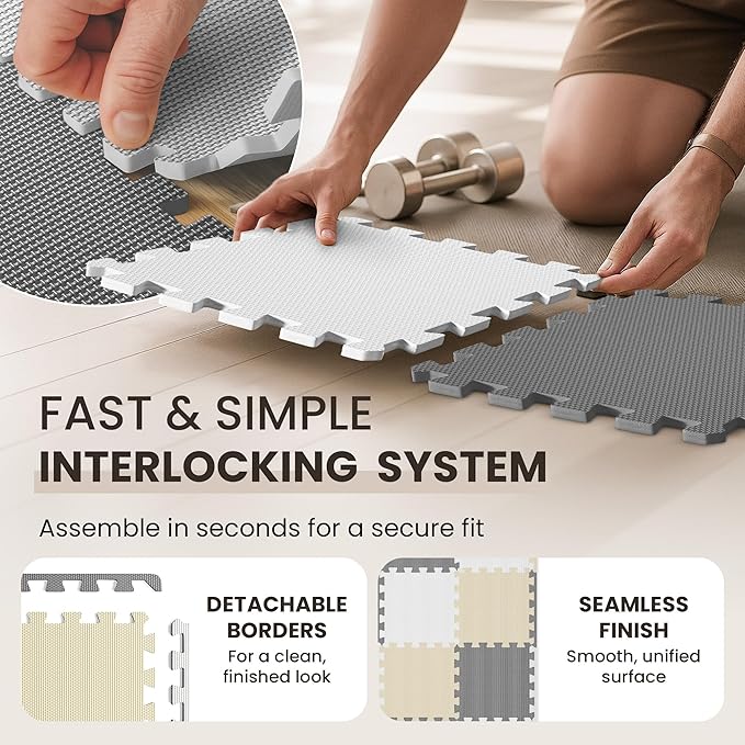 bemaxx Gym Mats Set - 18 pcs EVA Interlocking Foam Floor Tiles (12.6"x12.6"x0.4") 18sqft Protective Gym Flooring Sports Home Workout Exercise Mats Puzzle Garage Fitness Play-Room Pool Treadmill Bike