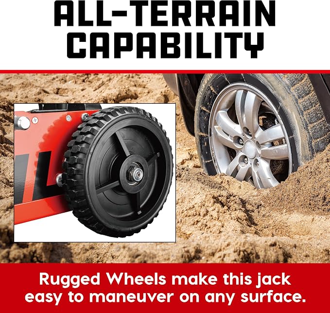 Powerbuilt 2.5 Ton Big Wheel Off Road Jack, Vehicle Lift for Trucks, SUVs, ATVs Offroad Vehicles, Oversized Wheels for Rugged Terrain, 5000 LB Capacity, Orange 620703ECE