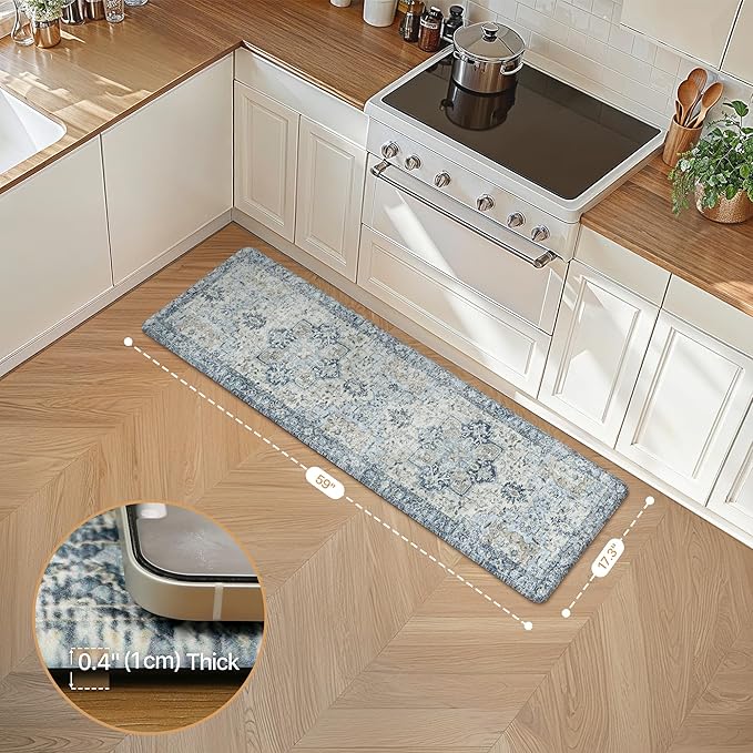 GENIMO Kitchen Mats for Floor, Washable Anti Fatigue Mat for Cushioned,17.3"x59", Waterproof Kitchen Rugs, Non Slip Foam Comfort Standing Mat Rug for Home, Runner, Sink, Office, Laundry, Light Blue