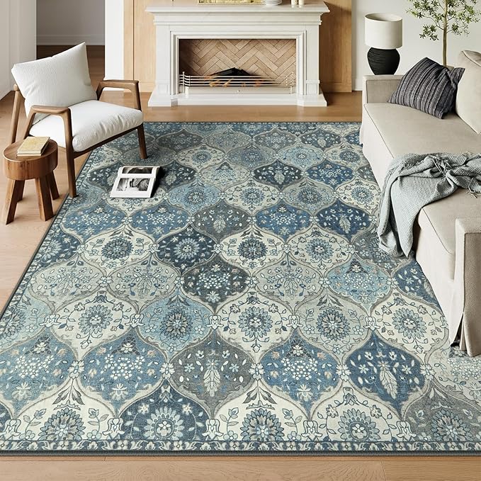 Lahome Moroccan 8x10 Area Rugs for Living Room, Washable Rugs 8x10 Ultra-Thin Oriental Non-Slip Non Shedding Accent Carpet for Bedroom Dining Room Office Nursery Elise, Blue