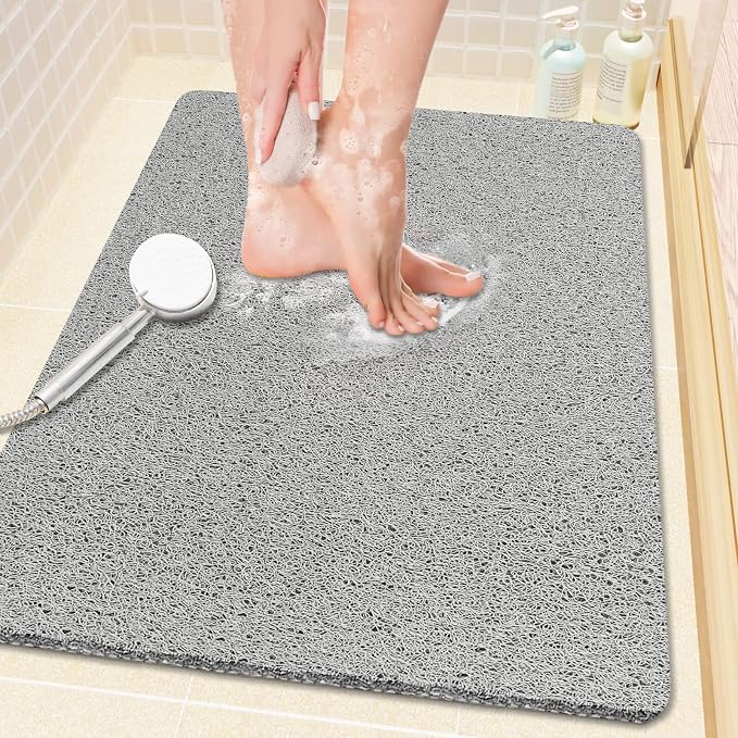 PVC Loofah Shower/Bathtub Mat Non-Slip, 24x16 inch, Soft Tub Mat with Drain, for Tub and Bathroom,Quick Drying,Grey