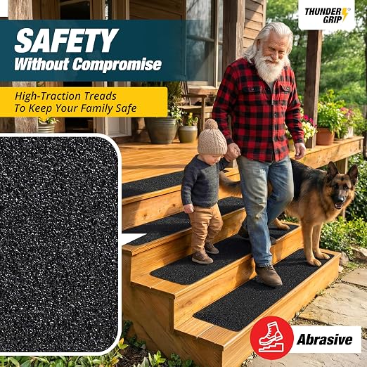 Thunder Grip Outdoor Stair Treads Non Slip 30" x 8" - 12-Pack Weather Resistant Exterior Grip Tape for Wooden Steps - Anti Skid Strips - Waterproof 80-Grit Adhesive Treads