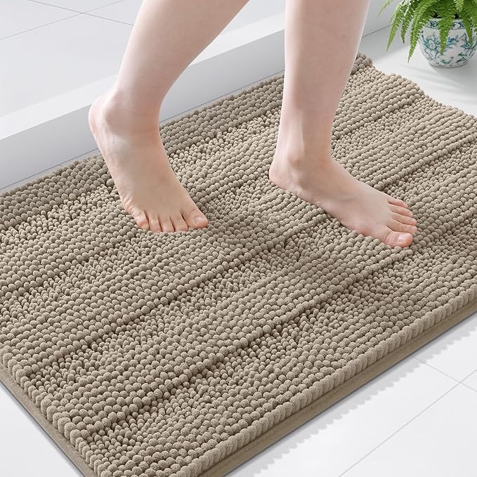 Grandaily Chenille Striped Bathroom Rugs 44x24, Extra Thick and Soft Absorbent Bath Mats, Rubber Backing, Plush Shaggy Shower Carpet, Machine Wash Dry, Bath Rug for Bathroom, Warm Taupe