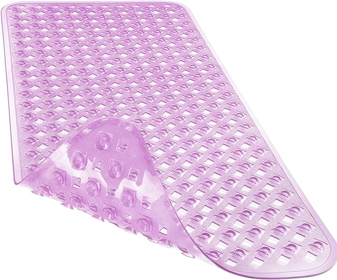Yimobra Non Slip Bath Mat, Super Strong Suction Cups,35"X16"Long Tub Mat with Drain Holes, Machine Washable Fast Draining Shower Mats, Bathroom Essentials, Clear Purple