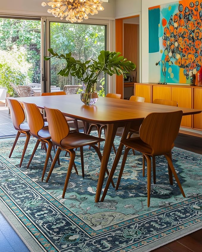 RELEANY Area Rugs 8'x10' Washable Non-Slip, Floral Vintage Distress Medallion Carpet for Living Room Bedroom Dining Room, Teal Green Lake Blue Turquoise
