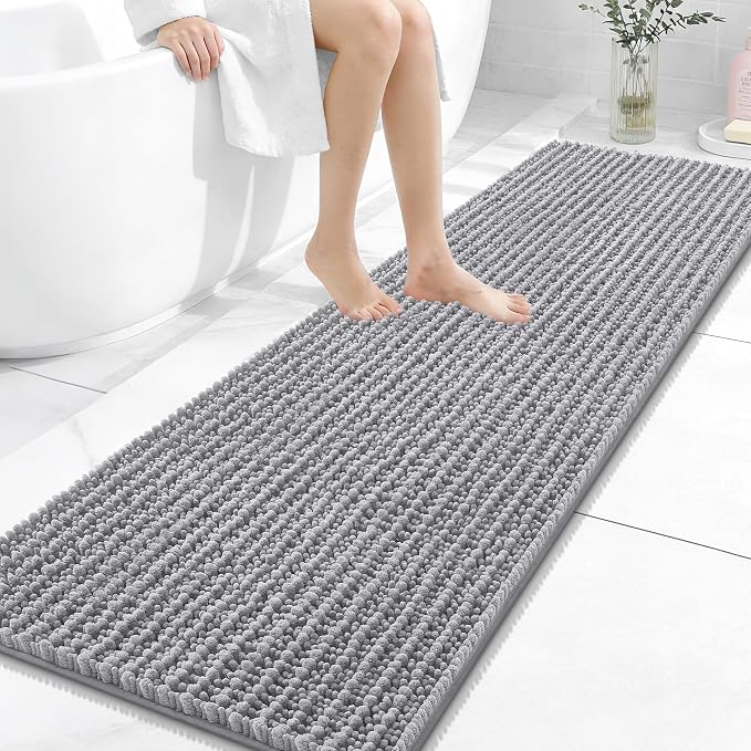 OLANLY Long Bathroom Rugs Runner 59x20, Thick Soft and Absorbent Chenille Bath Mat, Non-Slip, Machine Washable Quick Dry Bath Rugs for Tub Shower Floor, Home Decor Accessories, Grey